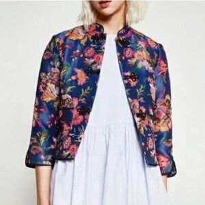 ZARA Floral Brocade Oriental Crop Mandarin Collar Frog Closures Jacket Size S